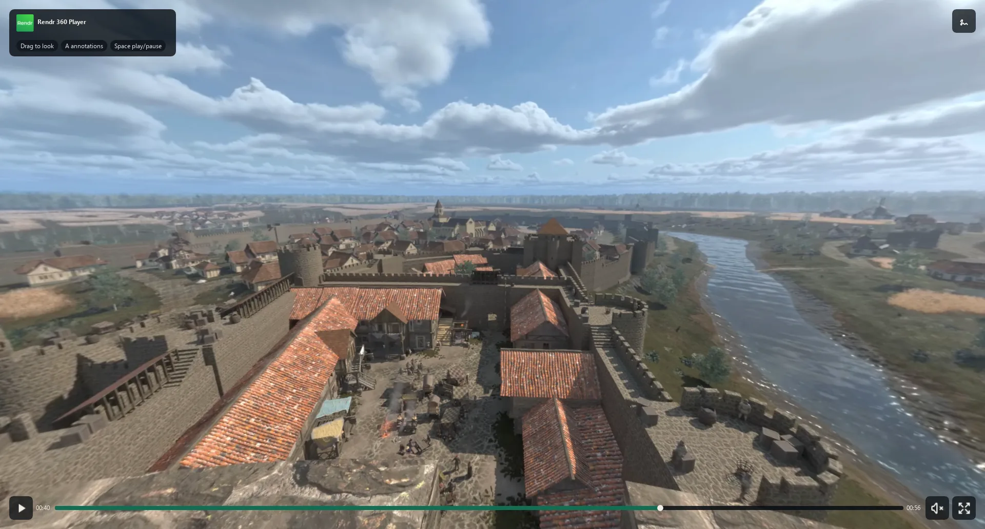 Rendr 360 Player: a 360° view of a medieval town from the top of a tower