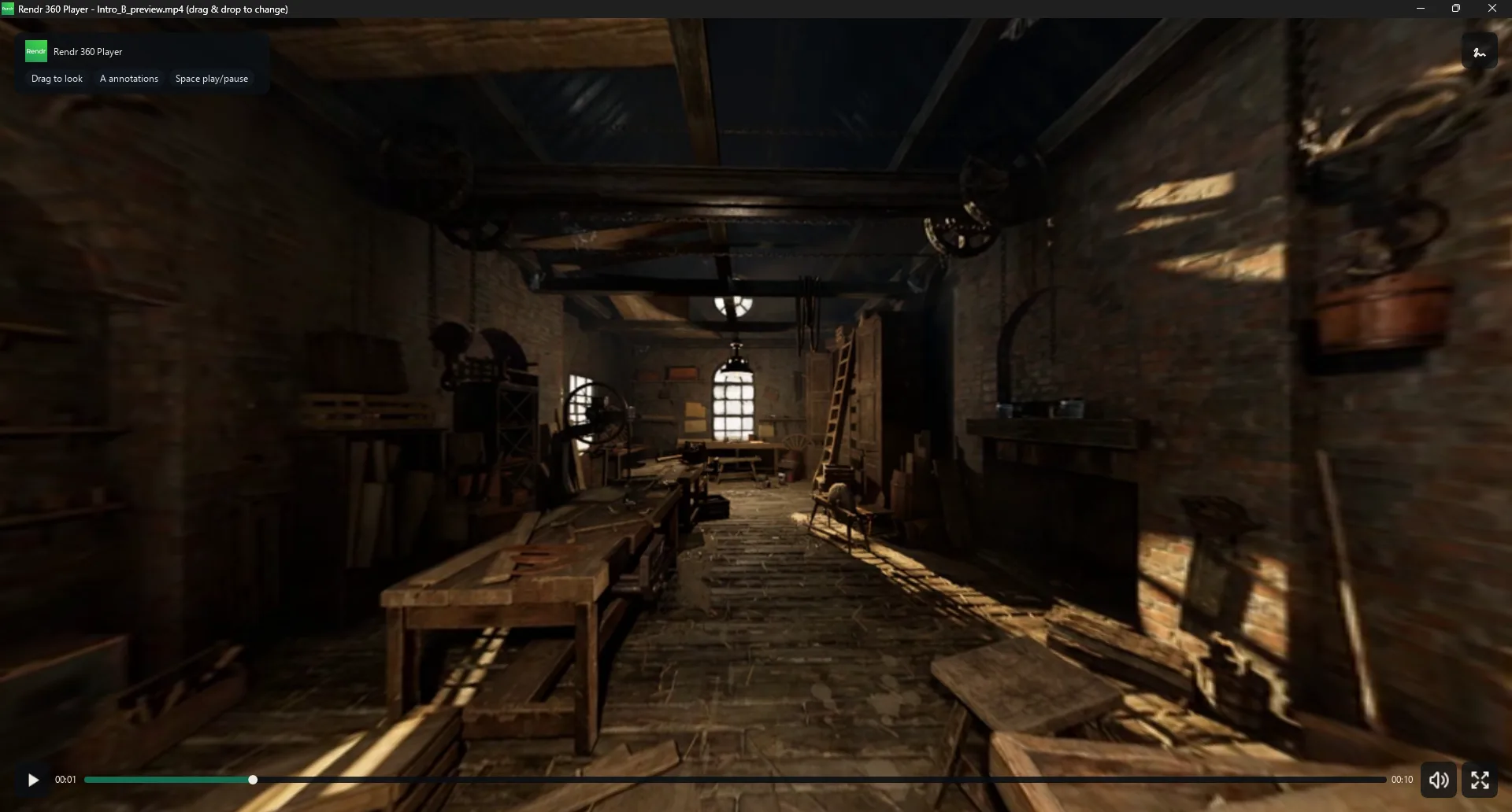 Rendr 360 Player showing a 360° video