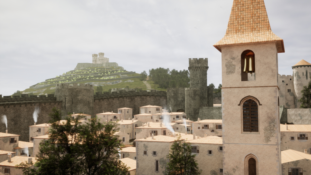 Rendr : Privas avant le siège de 1629, église catholique qui fut détruite au premier plan, Montoulon au dernier plan - parcours en réalité virtuelle Legendr