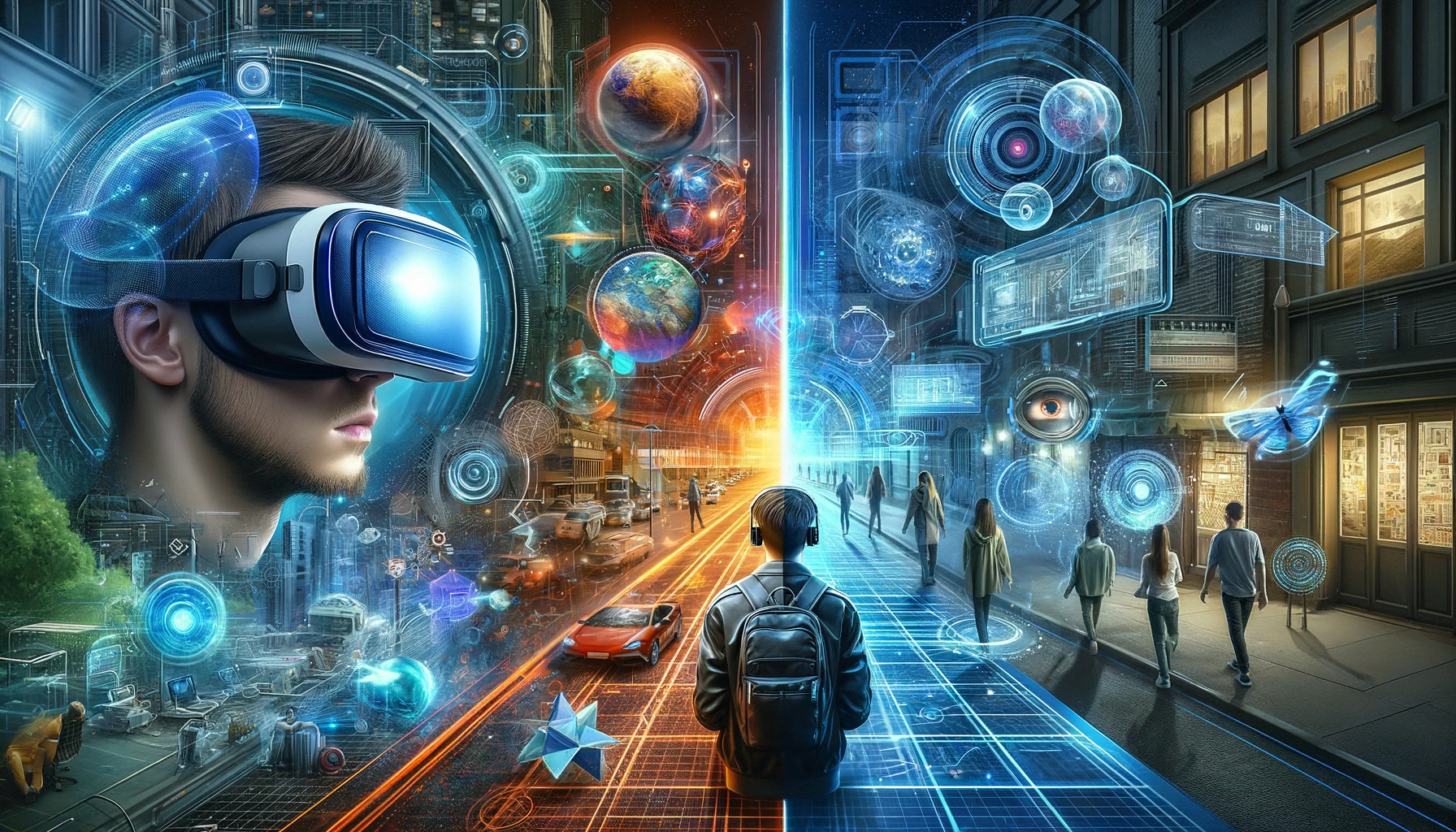 Image ultra-réaliste comparant la réalité virtuelle (VR) et la réalité augmentée (AR). À gauche, une personne portant un casque VR est plongée dans un environnement virtuel complet, entourée d'un paysage numérique aux couleurs vives et aux éléments futuristes. À droite, une autre personne porte des lunettes AR et interagit avec des superpositions numériques et des informations holographiques intégrées de manière transparente dans un cadre réel, comme une rue de ville ou un parc. La séparation centrale entre les deux côtés met en évidence le contraste des technologies et des expériences utilisateur