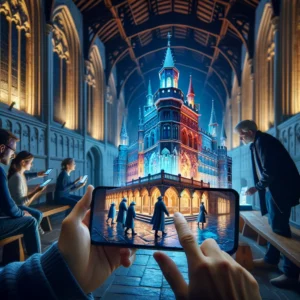 Visiteurs utilisant des appareils numériques pour visualiser une reconstitution animée en 3D d'une salle de château historique, le contraste entre l'architecture réelle et la technologie moderne étant mis en évidence par un éclairage intérieur vibrant.