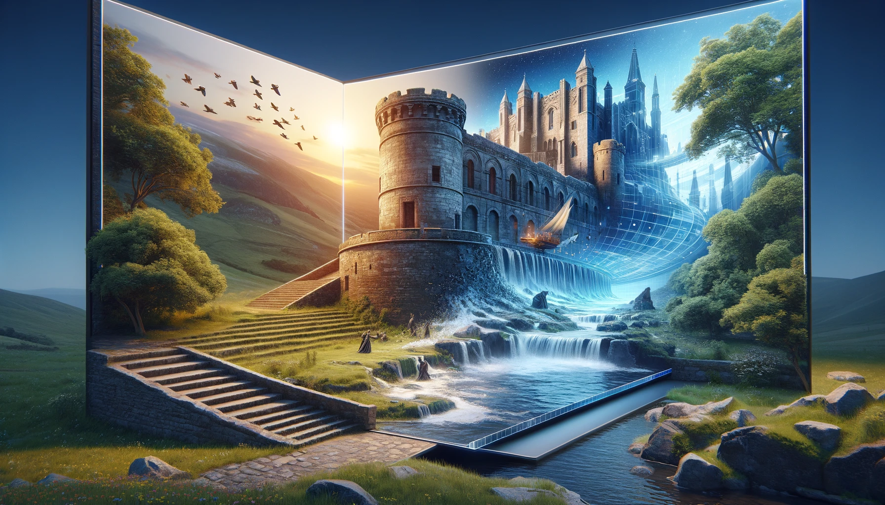 Bannière hautement réaliste représentant le concept de la narration patrimoniale dans le contexte du tourisme, montrant un monument ancien partiellement dans son état actuel et partiellement sous forme de reconstruction numérique animée en 3D. Cette scène détaillée symbolise la fusion des éléments historiques et modernes, illustrant un voyage dans le temps où la technologie moderne fait revivre le passé de manière vivante, renforçant l'engagement des visiteurs et approfondissant les connexions émotionnelles avec le patrimoine culturel.