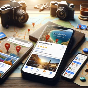 Fiche Google My Business pour une destination touristique locale avec photos de qualité et avis positifs, entourée de smartphones affichant des recherches locales