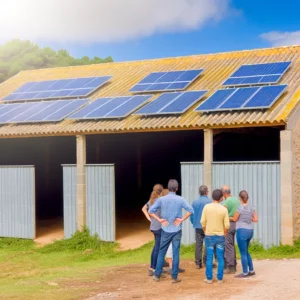 Un groupe qui participe à un atelier sur la durabilité dans un éco-village, avec des panneaux solaires installés sur le toit d'une grange