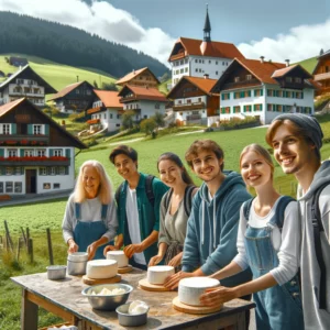 Un groupe de touristes explore un village pittoresque, participant à un atelier de fabrication de fromage avec des maisons traditionnelles et la campagne verdoyante en arrière-plan
