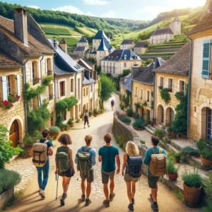 un groupe de personnes faisant une randonnée à travers un village français baigné de soleil, entouré de verdure éclatante.