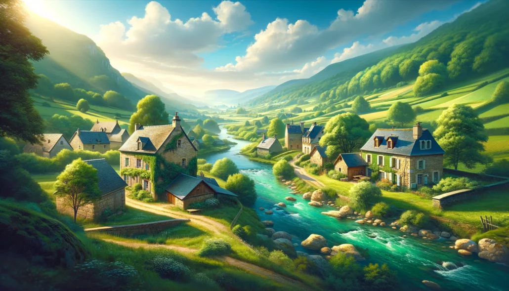 Une bannière réaliste et lumineuse dépeignant un village français dans un paysage luxuriant avec des maisons en pierre, une rivière et des collines ondoyantes en couleurs vives.