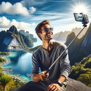 Influenceur de voyage prenant un selfie devant un paysage magnifique, avec montagne, forêt ou bord de mer en arrière-plan