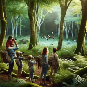 Petit groupe de touristes, possiblement une famille, observant la faune avec des jumelles dans une forêt dense et verdoyante, illustrant le tourisme durable.
