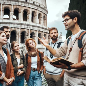 Un guide de storytelling captivant un groupe de touristes fascinés devant un monument historique, illustrant l'engagement émotionnel entre l'histoire et le public.