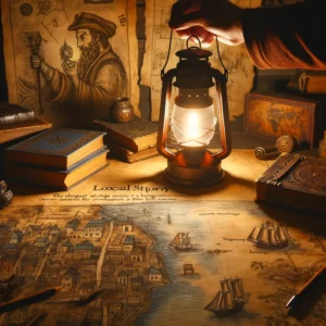 une main tenant une lanterne éclaire des cartes et des artefacts sur une table ancienne, suggérant la recherche d'histoires locales à travers une exploration mystérieuse.