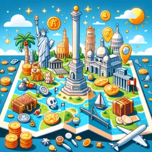 Carte de voyage animée avec icônes ludiques et monuments célèbres symbolisant la gamification dans le tourisme.