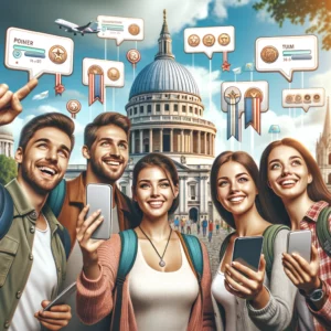  Visiteurs souriants tenant des smartphones devant un monument historique, illustrant l'engagement grâce à la gamification.