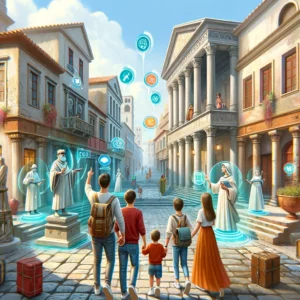 Une famille explorant une ville ancienne avec réalité augmentée, entourée de badges virtuels et de récompenses.