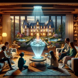 Famille dans leur salon regardant un château français en projection holographique 3D.