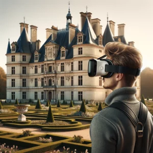 Personne portant un casque de réalité virtuelle devant un château français."
