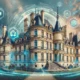 Château français classique intégrant des éléments numériques et futuristes, symbolisant la fusion du patrimoine historique avec la technologie moderne.