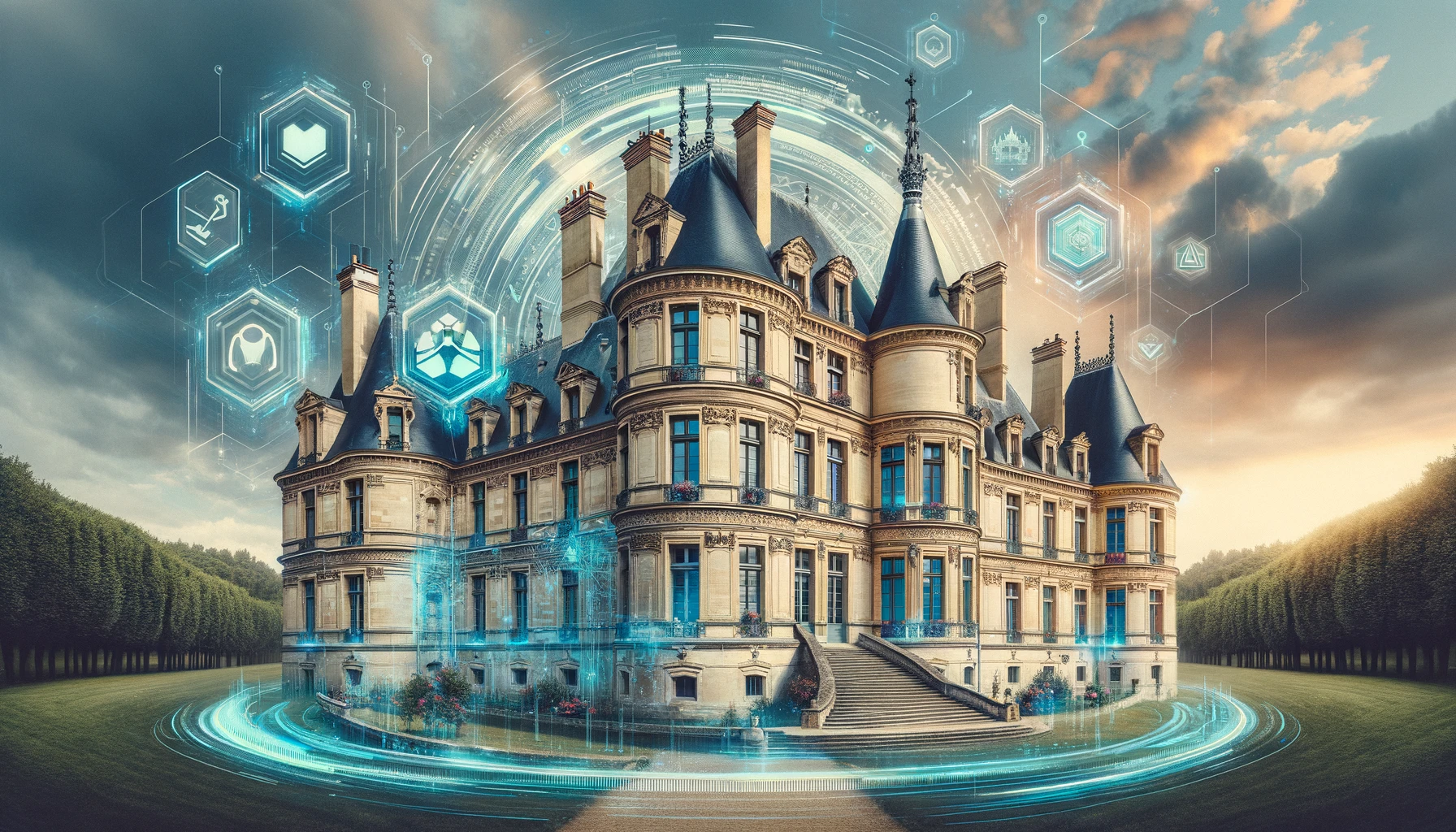 Château français classique intégrant des éléments numériques et futuristes, symbolisant la fusion du patrimoine historique avec la technologie moderne.