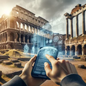 Visiteur utilisant un smartphone pour visualiser des informations de réalité augmentée superposées sur des ruines antiques, illustrant comment la technologie donne vie à l'histoire.