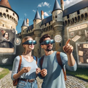 groupe de touristes portant des lunettes de réalité augmentée explorant un château médiéval, avec des informations historiques flottantes.