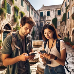 Visiteurs engagés dans une chasse au trésor de réalité augmentée dans une ville ancienne, utilisant des smartphones pour suivre des indices.