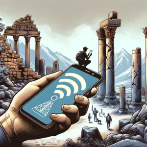 Touriste tentant d'utiliser la réalité augmentée avec un signal faible parmi des ruines anciennes, soulignant les défis de connectivité.