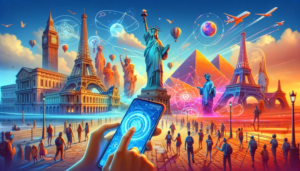 Bannière colorée présentant la réalité augmentée dans le tourisme avec des monuments emblématiques comme la Tour Eiffel, les Pyramides de Gizeh, et la Statue de la Liberté. Des touristes utilisent des smartphones et des dispositifs de réalité augmentée pour interagir avec des informations virtuelles