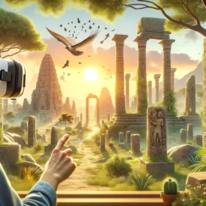Paysage de réalité virtuelle avec des ruines anciennes explorées par un visiteur portant un casque VR