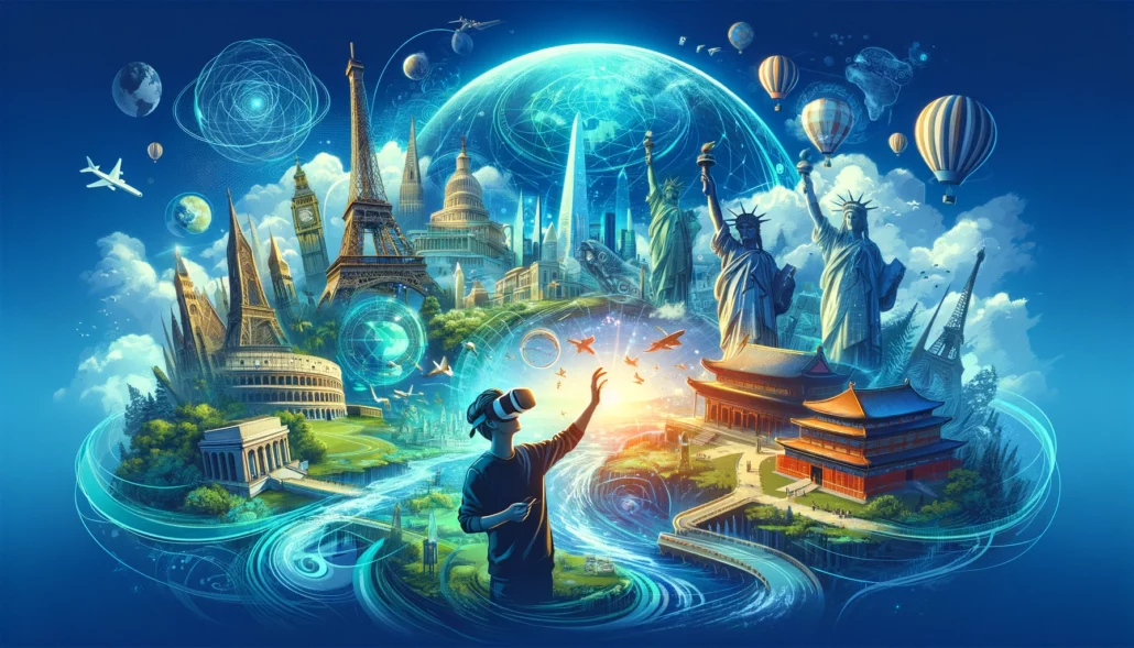 Personne utilisant un casque de réalité virtuelle pour explorer une paysage numérique fusionnant des monuments emblématiques mondiaux, sans texte