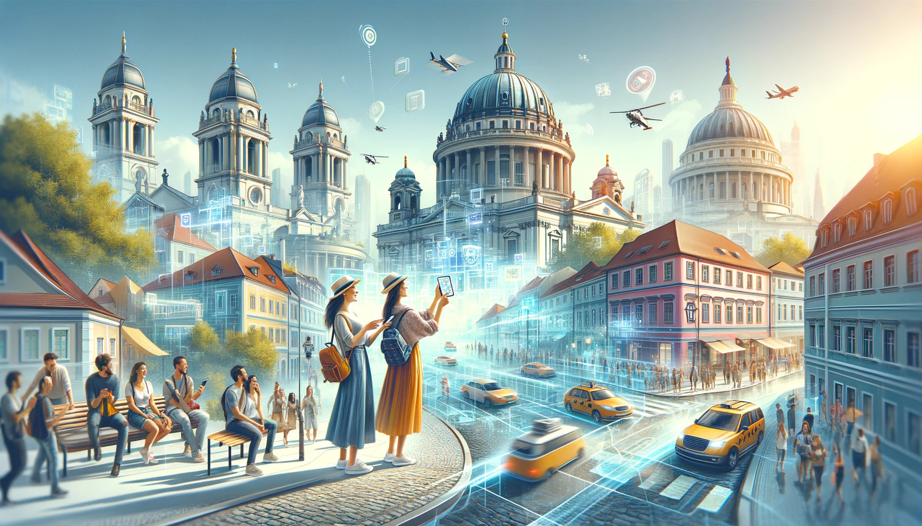 Touristes utilisant des smartphones et des tablettes pour explorer un paysage urbain réaliste, avec des superpositions subtiles de réalité augmentée sur des bâtiments historiques, reflétant une expérience de tourisme numérique lumineuse et engageante