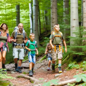 Une famille de quatre personnes faisant une randonnée dans une forêt dense. Les parents mènent le chemin avec des sacs à dos tandis que les deux enfants les suivent de près. Ils portent tous des équipements adaptés à la randonnée.