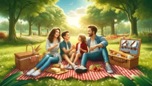 Une famille heureuse faisant un pique-nique dans un parc verdoyant, avec un tapis à carreaux rouges et blancs, un panier de pique-nique, des sandwiches et une limonade, avec un terrain de jeu en arrière-plan