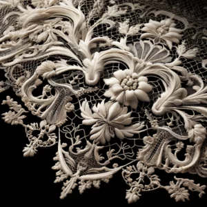 Dentelle d'Alençon détaillée, présentant un travail de point de needle complexe avec des motifs floraux entrelacés et de la filigrane délicate sur fond sombre.