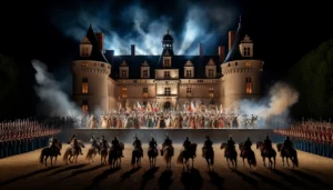 Performance historique nocturne au Château de Saint-Fargeau avec des acteurs en costumes d'époque et cavalerie, château en arrière-plan.
