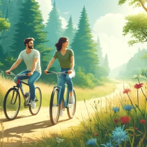 Couple faisant une balade à vélo dans un paysage naturel pittoresque, sur un chemin de terre entouré de verdure luxuriante et de fleurs sauvages