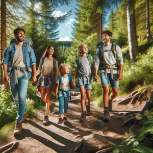 Illustration d'une famille en randonnée, incluant des parents et deux enfants marchant sur un sentier forestier entouré de verdure et d'un ciel bleu clair. Les parents sourient et discutent tandis que les enfants pointent vers des plantes et des animaux.