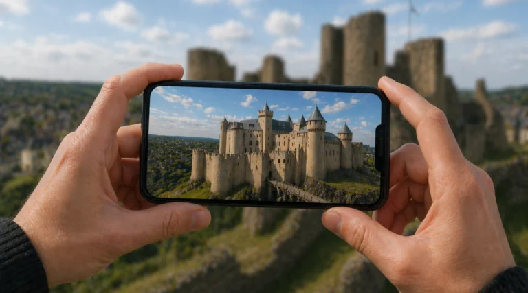 Smartphone affichant un château en réalité augmentée