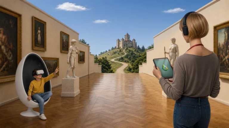 Visiteuse découvrant une reconstitution historique en réalité virtuelle