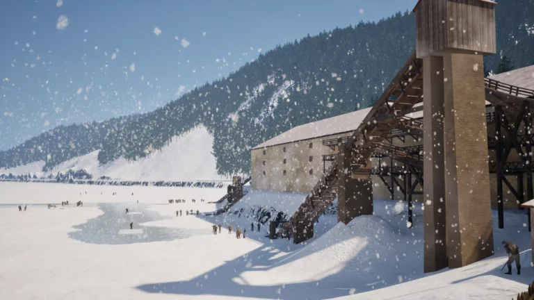 Reconstitution 3D des Glacières de Sylans sous la neige, avec la tour de la drague