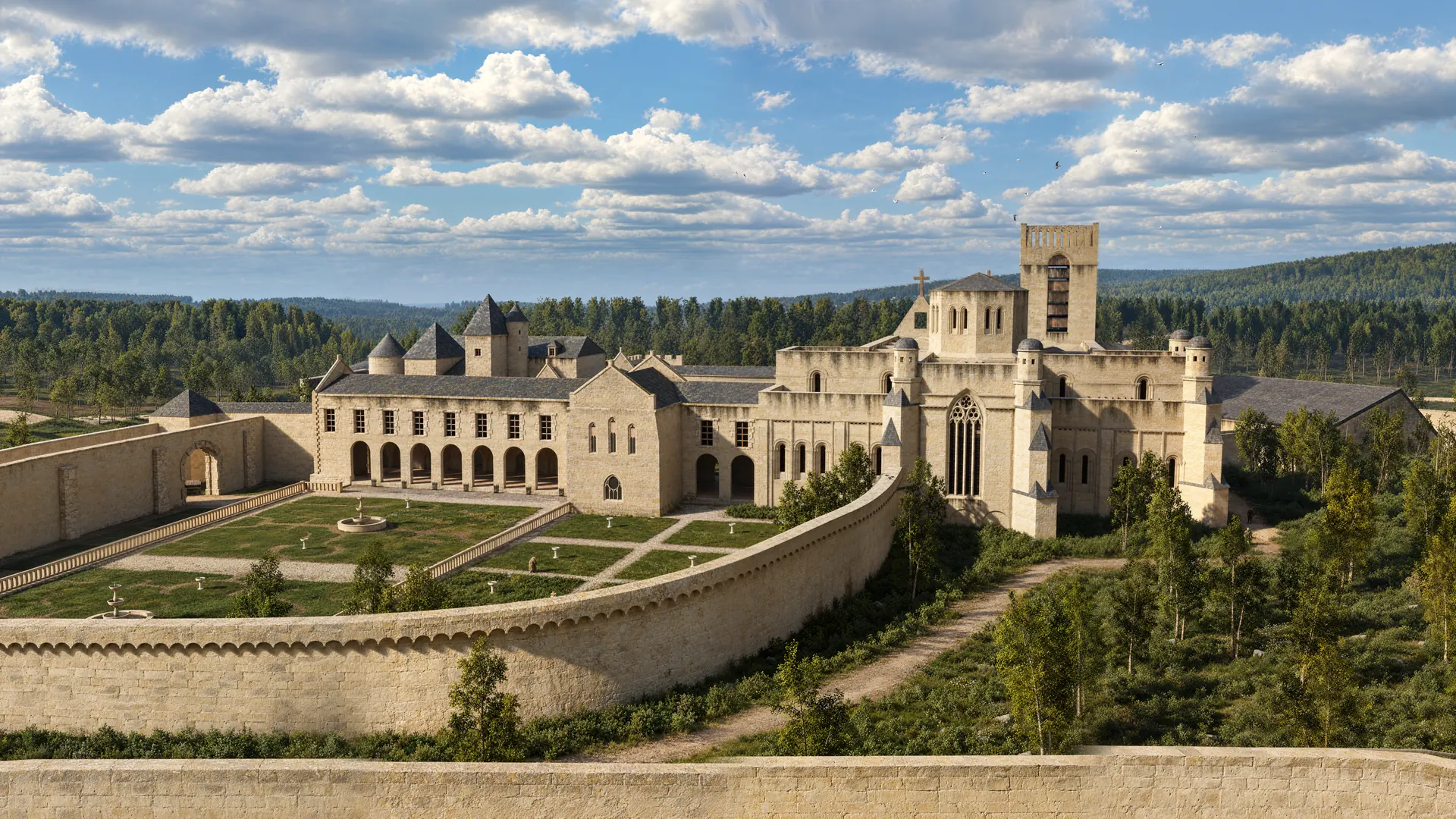 Reconstitution 3D de l'Abbaye Notre-Dame de La Couronne : l'église abbatiale et les bâtiments conventuels derrière l'enceinte