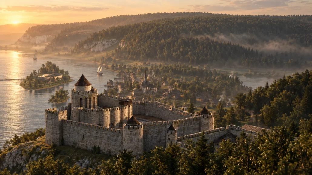 Reconstitution 3D de Château Gaillard dominant la Seine aux Andelys, par Rendr