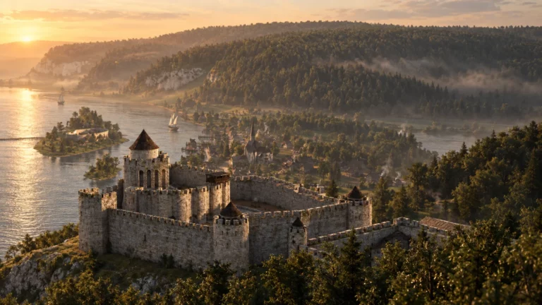 Reconstitution 3D de Château Gaillard dominant la Seine aux Andelys, par Rendr