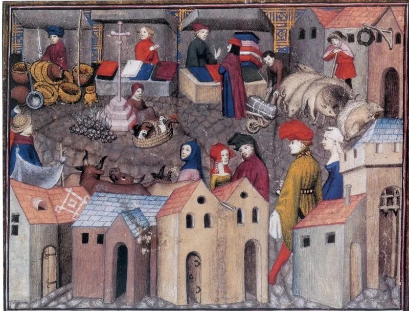 Enluminure d’un marché médiéval, parcours Legendr de Crécy-en-Ponthieu