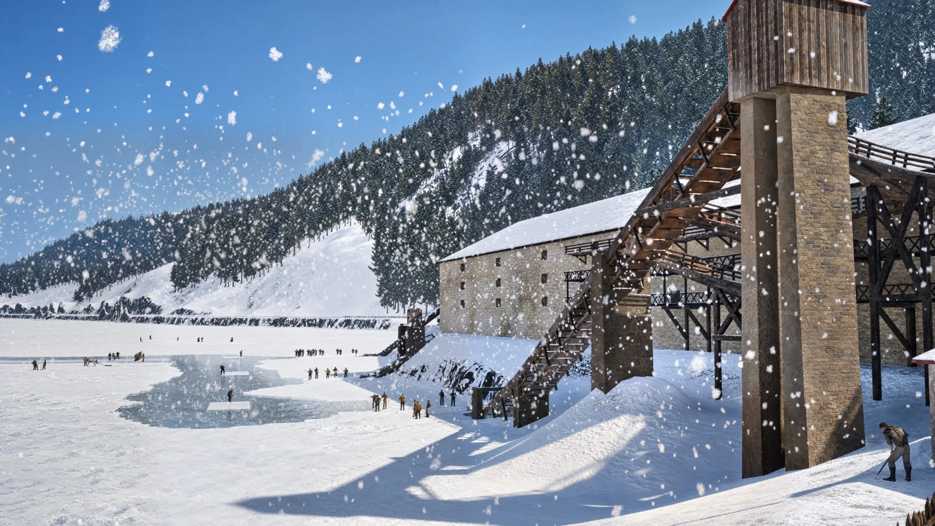 Reconstitution 3D des Glacières de Sylans sous la neige, avec la tour de la drague