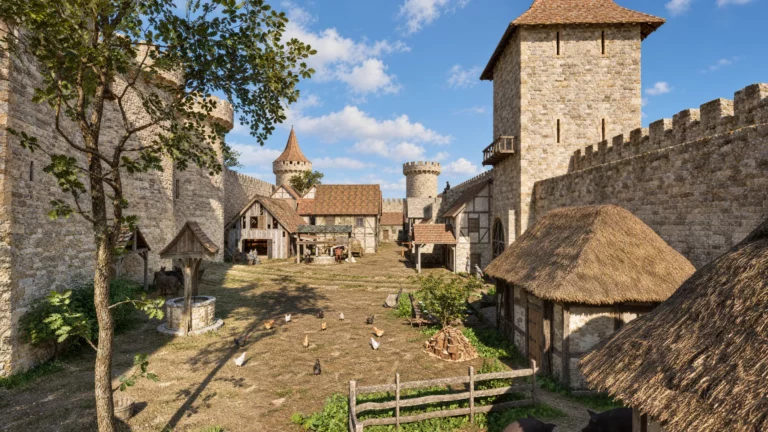 Reconstitution 3D de la basse-cour de la citadelle de Lusignan au Moyen Âge, avec le donjon et le puits