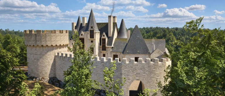 Reconstitution 3D du château de Neuvicq-le-Château : tour ronde, logis à tourelles et remparts crénelés