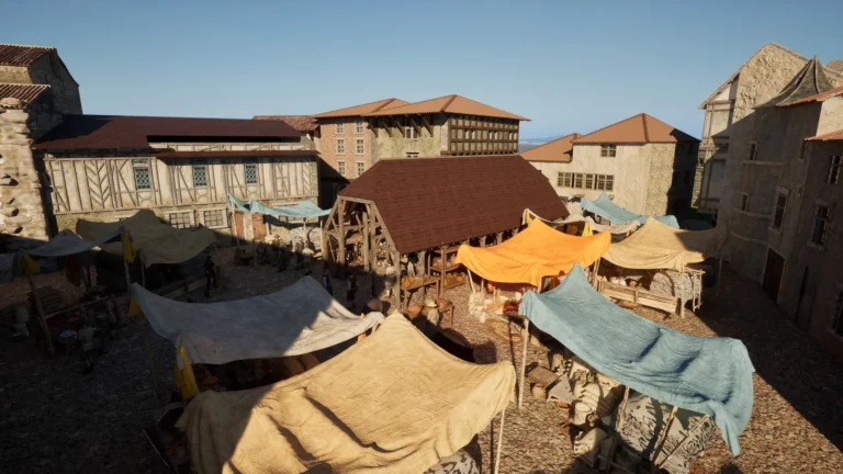 Reconstitution 3D du marché de la cité médiévale de Pérouges, vu d’en haut
