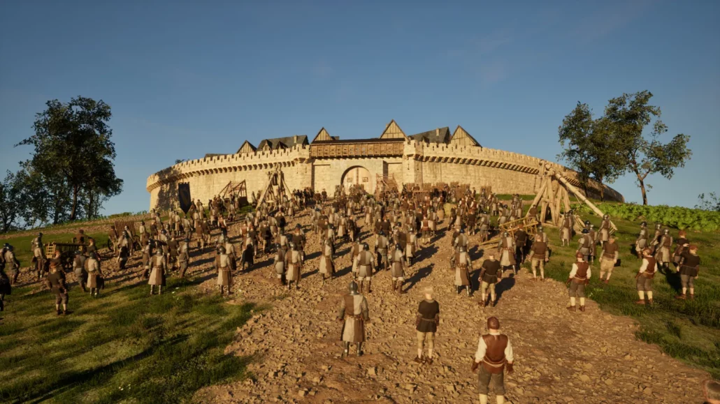 Reconstitution 3D du siège de Pérouges : l’armée devant les remparts de la cité