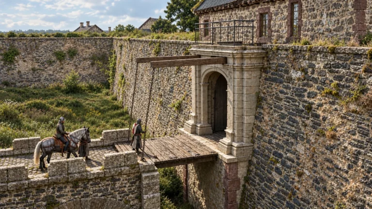 Reconstitution 3D de la Porte de France de Rocroi avec son pont-levis et des cavaliers