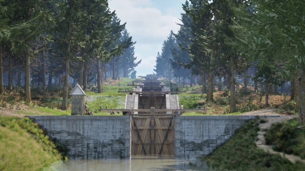 Reconstitution 3D de l’échelle des Sept-Écluses de Rogny en 1834, vue depuis l’aval